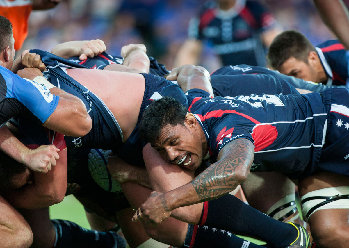 Lopeti Timani of the Melbourne Rebels in a scrum. (AAP Image/Tony McDonough)