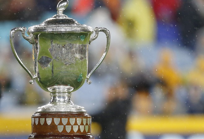 The Bledisloe Cup before the opening game of the series between the Wallabies and the All Blacks at ANZ Stadium in Sydney, Saturday, Aug. 16, 2014. (Photo: Paul Barkley/LookPro)