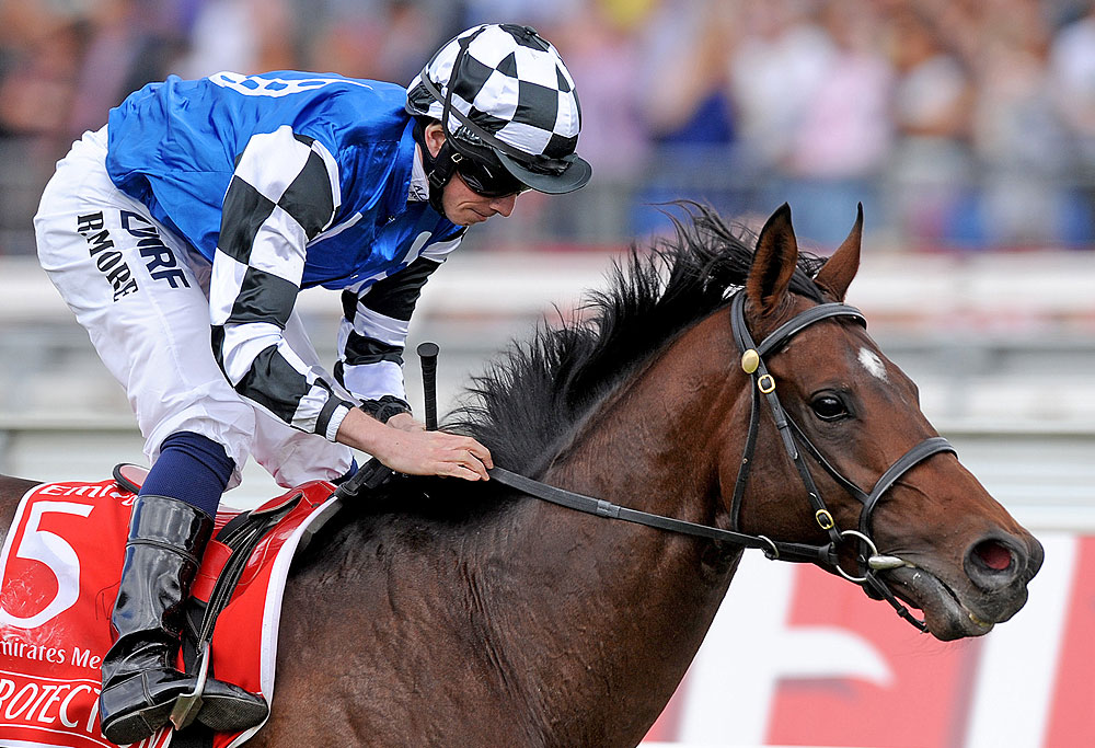 Jockey Ryan Moore rides Protectionist across the finish line to win the 2014 Melbourne Cup