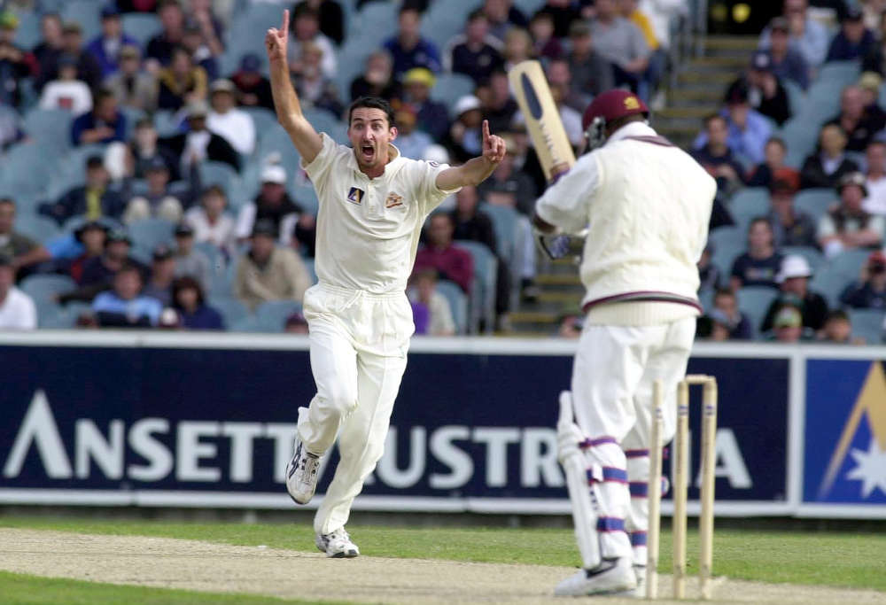 Australian pace bowler Jason Gillespie celebrates