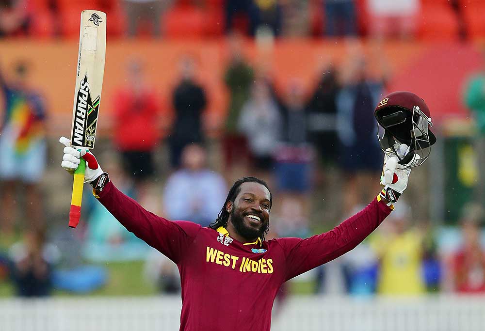 West Indies batsman Chris Gayle celebrates after scoring a double century