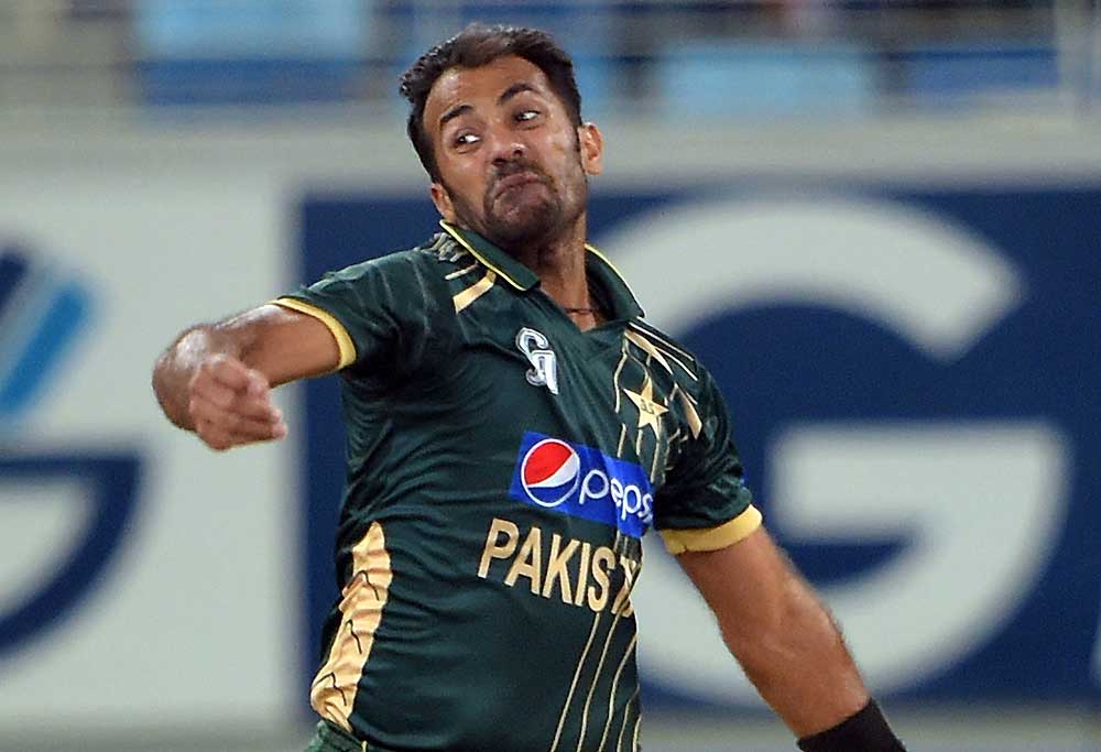 Pakistani bowler Wahab Riaz delivers the ball