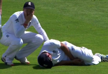 Alastair Cook struck in the groin, Joe Root has a giggle
