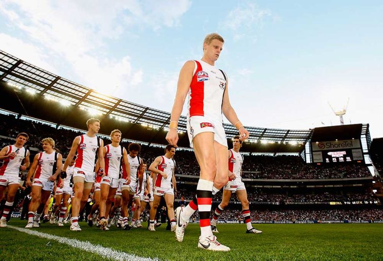 St Kilda captain Nick Riewoldt leads his players from the field