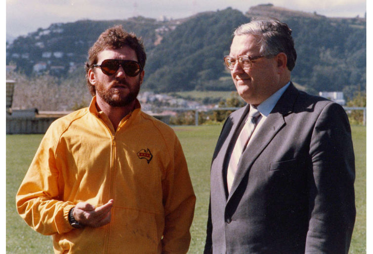 Allan Border in his XXXX jacket and with a bit of beard.