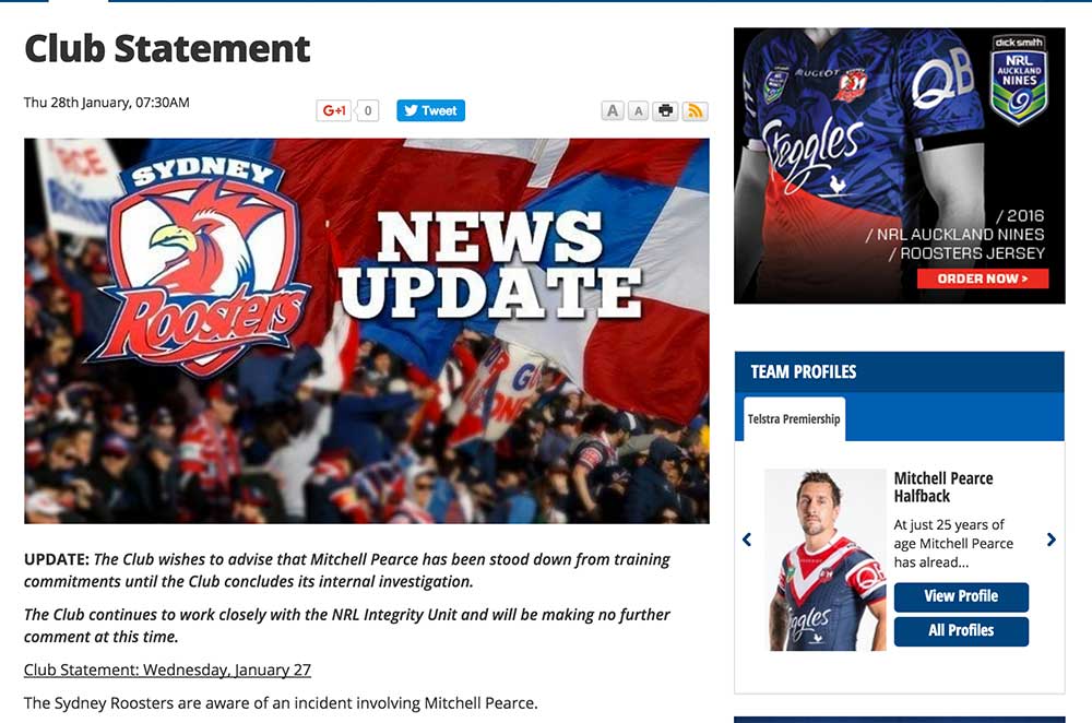 Roosters club statement on Mitchell Pearce
