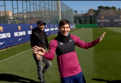 WATCH: Messi scores from behind the goal at training