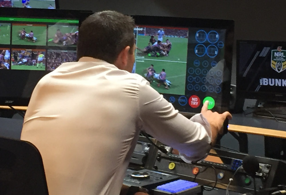 Bernard Sutton approves a try in the NRL video bunker.