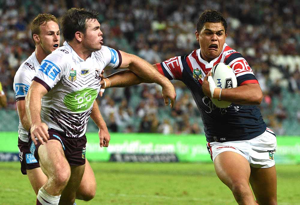 Latrell Mitchell (R) of the Roosters makes a run during their Round 4 NRL match between the Sydney Roosters and the Manly-Warringah Sea Eagles at Allianz Stadium in Sydney on Saturday, March 26, 2016. (AAP Image/Mick Tsikas) 