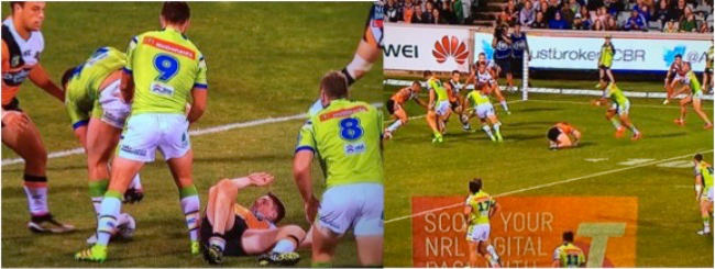 Tigers player lying down against Canberra