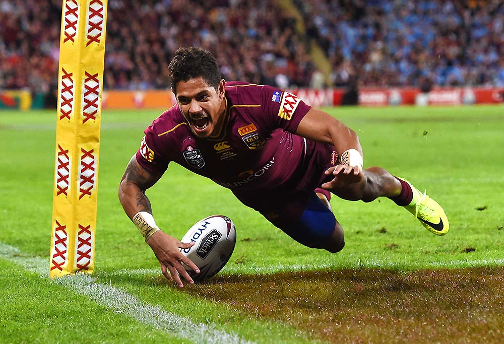 Dane Gagai of the Queensland Maroons scores a try