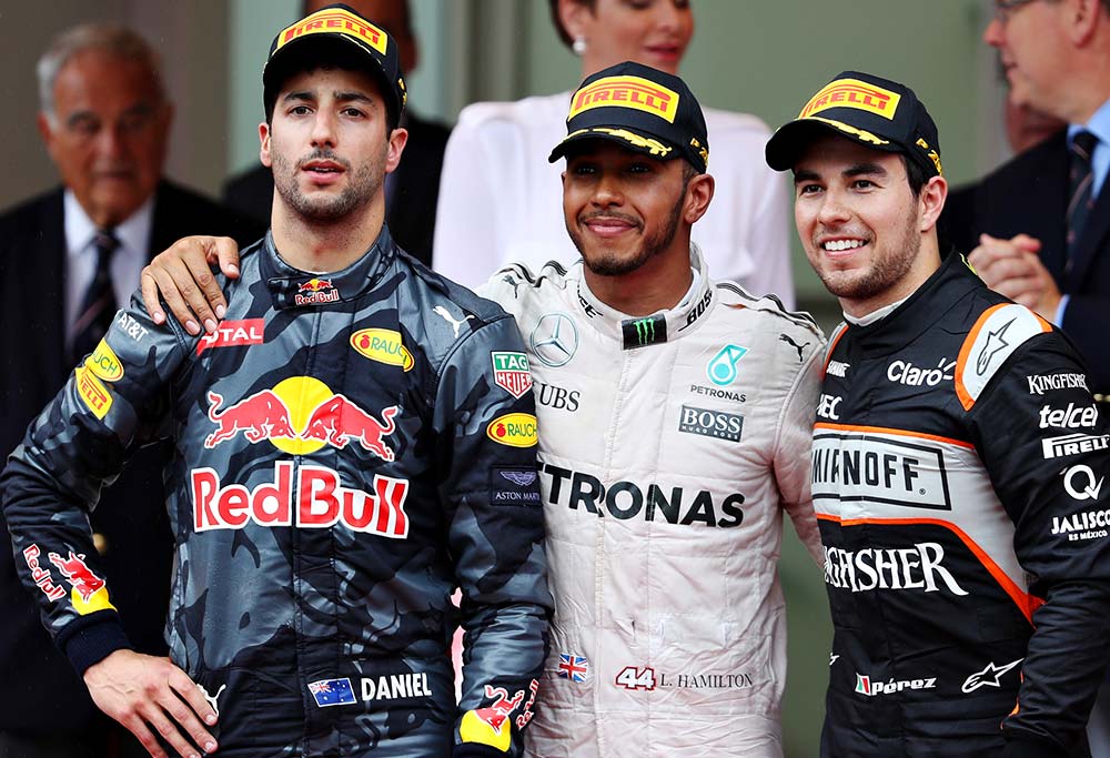 Daniel Ricciardo, Lewis Hamilton and Sergio Perez on the Monaco podium