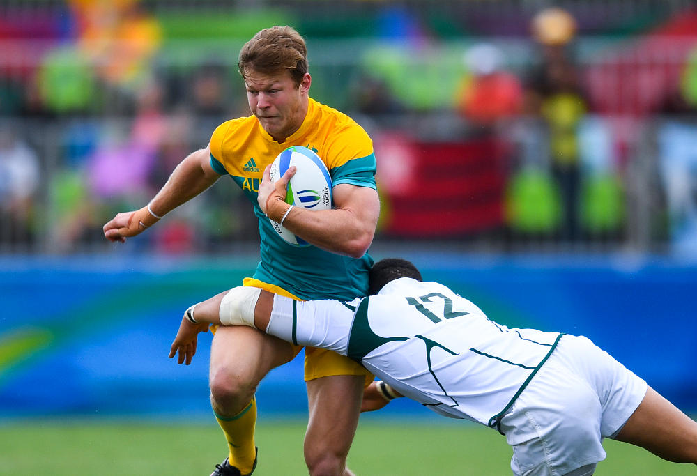 Cameron Clark in action for the Australian rugby sevens side against South Africa in the Rio Olympics