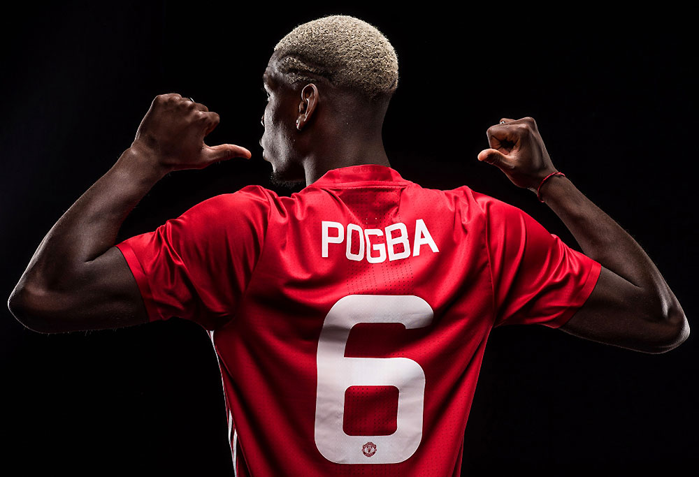 Paul Pogba wearing the Manchester United 6 shirt