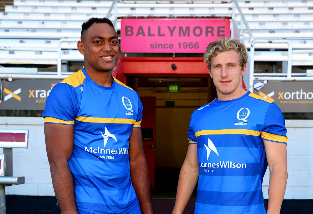 Chris Kuridrani and Jake McIntyre at Ballymore Stadium for the launch of #Pass4Prostate in the upcoming NRC season.