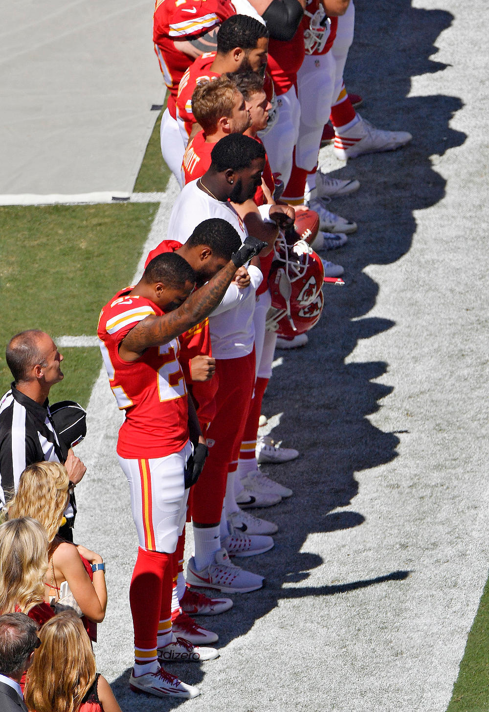 Kansas City Chiefs defensive back Marcus Peters raises his fist in the air as the National Anthem plays before Sunday's football game against the San Diego Chargers on September 11, 2016 at Arrowhead Stadium in Kansas City, Mo.
