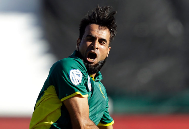 South Africa's bowler Imran Tahir celebrates
