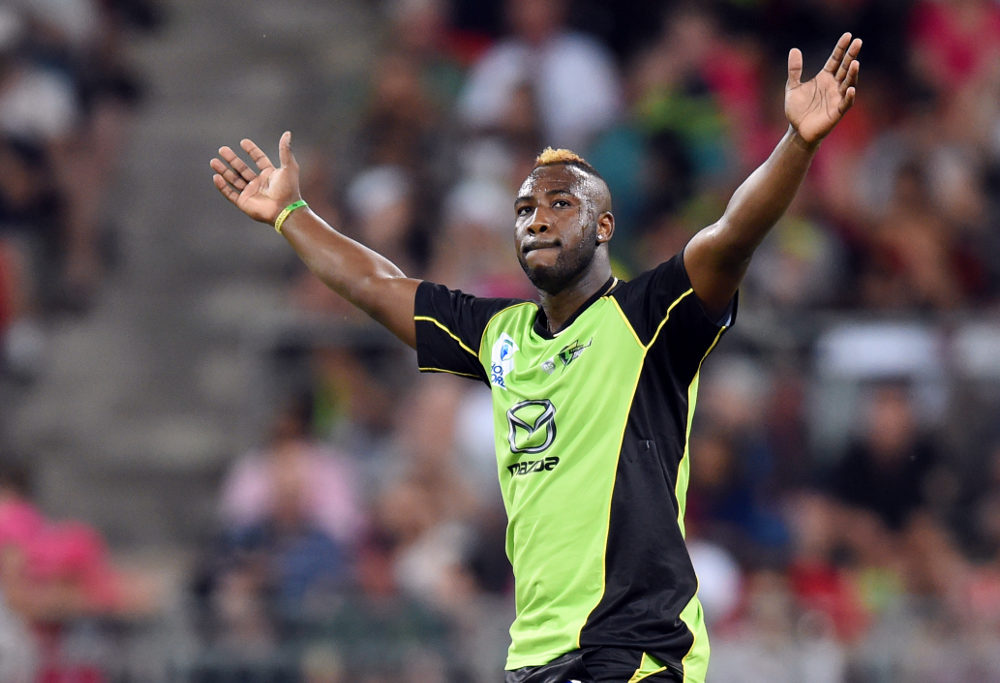 Andre Russell celebrates a wicket for the Sydney Thunder