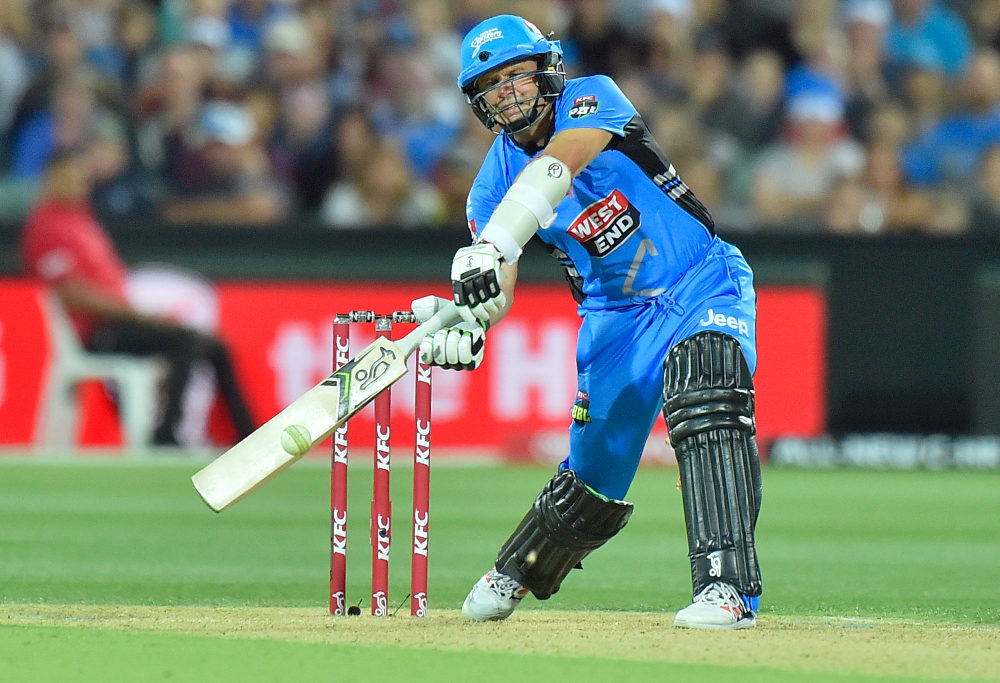 Adelaide Strikers captain Brad Hodge tries to get his team over the line in the Big Bash