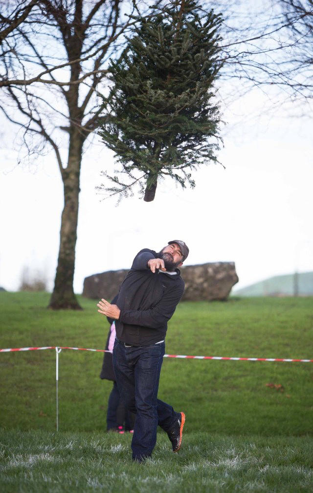Kieren Blake from Wales competing in the Irish Christmas Tree Throwing Championships at Tim Smyth park, Ennis on Sunday. Photograph by Eamon Ward/Supplied