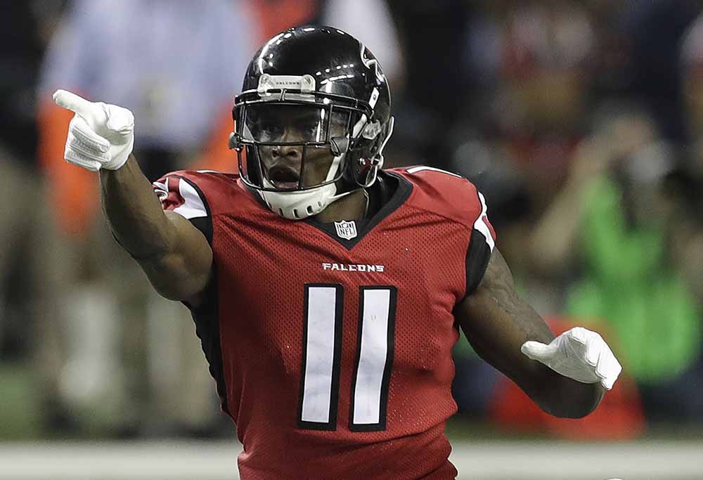 Atlanta Falcons' Julio Jones reacts after catching a pass during the second half of the NFL football NFC championship game against the Green Bay Packers Sunday, Jan. 22, 2017, in Atlanta. (AP Photo/David J. Phillip)