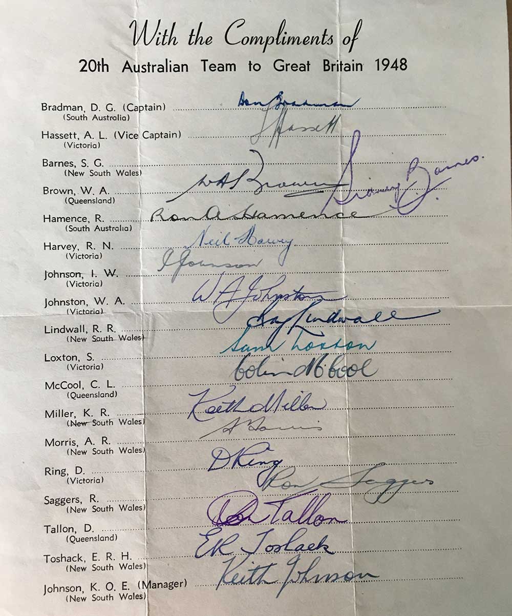 1948 Invincibles team sheet
