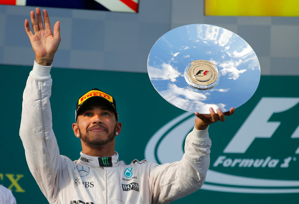 Lewis Hamilton of Mercedes celebrates at the 2016 Formula One Australian Grand Prix.