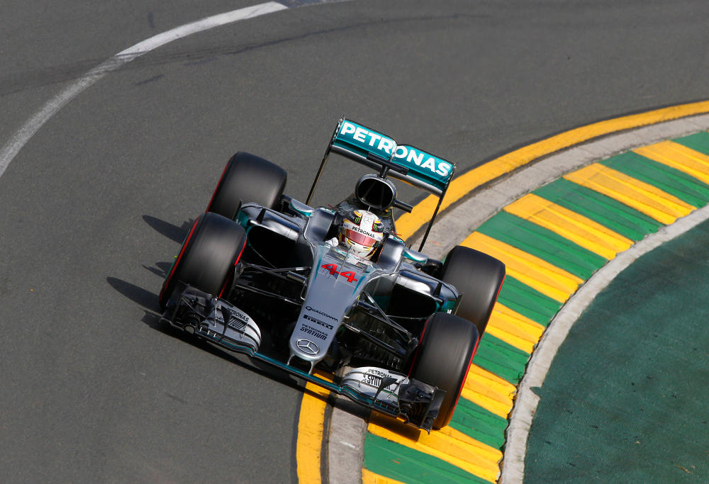 Lewis Hamilton rounds a corner in his Mercedes Formula One.