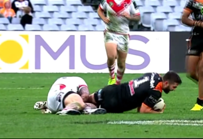 WATCH: Dragons vs Wests Tigers: James Tedesco's run ended by desperate Josh Dugan