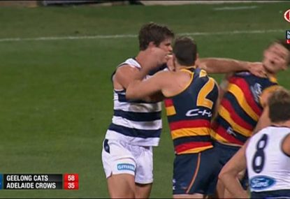 WATCH: Geelong vs Adelaide: Tom Hawkins in hot water for jumper-punch