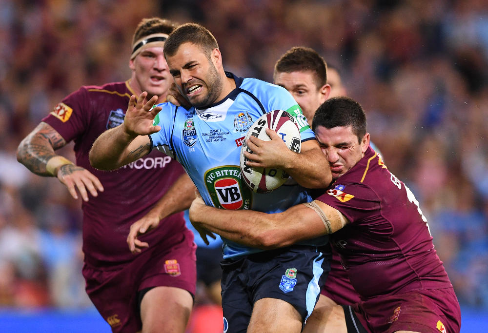 Wade Graham of the NSW Blues takes the ball up during Origin 1