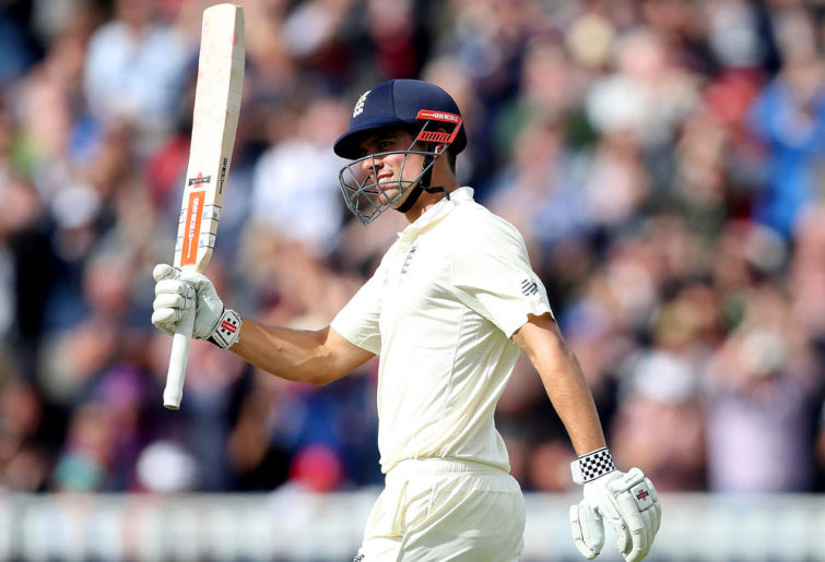 England's Alastair Cook celebrates his double century during day two of the First Investec Test match at Edgbaston, Birmingham. PRESS ASSOCIATION Photo. Picture date: Friday August 18, 2017.