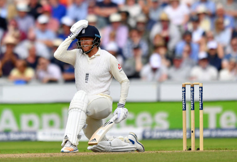 England's Jonny Bairstow reacts as he is given out lbw as he attempts a sweep shot on 99 runs during day two of the Fourth Test at Emirates Old Trafford in Manchester, England, Saturday Aug. 5, 2017.