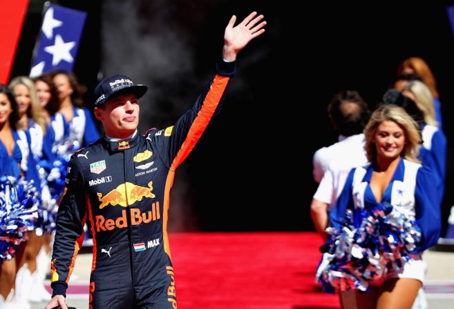 Max Verstappen waves to the crowd before the 2017 United States Grand Prix.