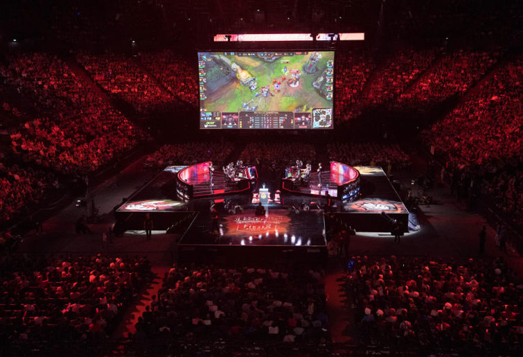 The teams Misfits Gaming and G2 Esports compete in final of the 'LCS', the first European division of the video game 'League of Legends', at the AccorHotels Arena in Paris on September 3, 2017.