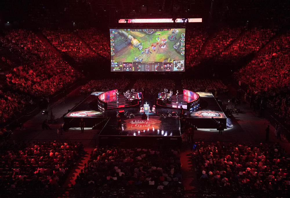 The teams Misfits Gaming and G2 Esports compete in final of the 'LCS', the first European division of the video game 'League of Legends', at the AccorHotels Arena in Paris on September 3, 2017.