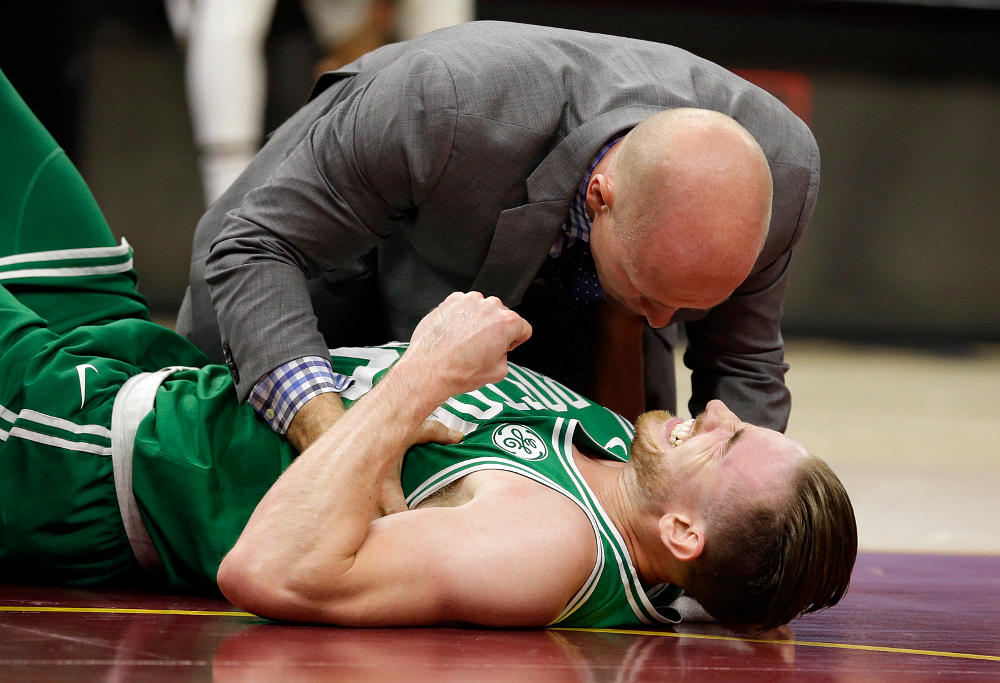 Boston Celtics' Gordon Hayward grimaces in pain after breaking his ankle