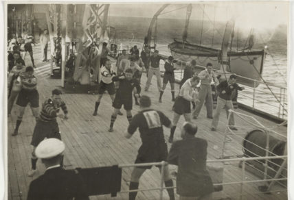 The 1939 Wallabies training on the deck of the 'Mooltan'