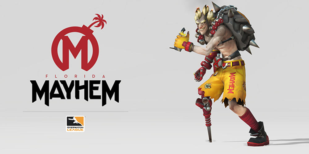 Overwatch character Junkrat, wearing the colours of the Florida Mayhem Overwatch League eSports team.