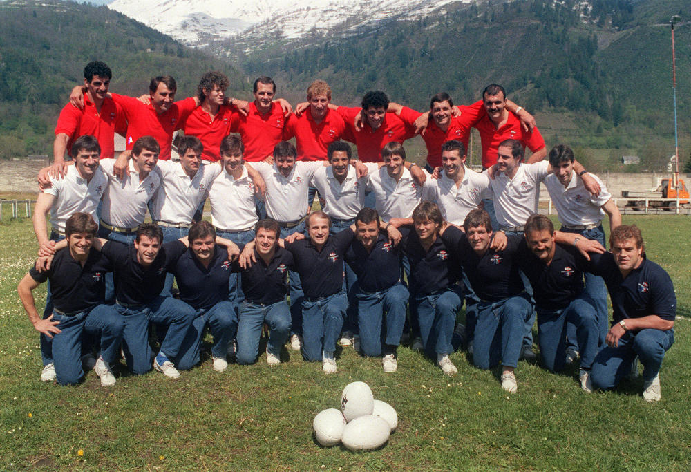 Family picture of the French rugby team of the 1987 rugby World Cup, taken 07 May 1987 in Saint-Lary-Soulan. First row From L to R : Dominique Erbani, Jean-Luc Joinel, Eric Champ, Francis Haget, Alain Carminati, Jean Condom, Alain Lorieux, Laurent Rodriguez. Second row : Guy Laporte, Louis Armary, Jean-Baptiste Lafond, Franck Mesnel, Jean-Pierre Romeu, Serge Blanco, Philippe Sella, Eric Bonneval, Alain Estève, Patrice Lagisquet. Third row : Rodolphe Modin, Philippe Bérot, Jean-Pierre Garuet, Pierre Berbizier, Jacques Fouroux, trainer, Daniel Dubroca, Denis Charvet, Pascal Ondarts, Jean-Louis Tolot, Philippe Dintrans.