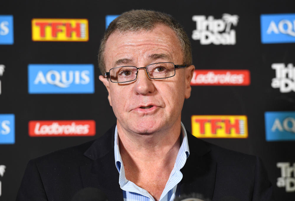 Gold Coast Titans CEO Graham Annesley looks on during a press conference at Titans Headquarters at Parkwood on the Gold Coast, Monday, August 21, 2017. Annesley announced that Neil Henry has been sacked as head coach effective immediately.