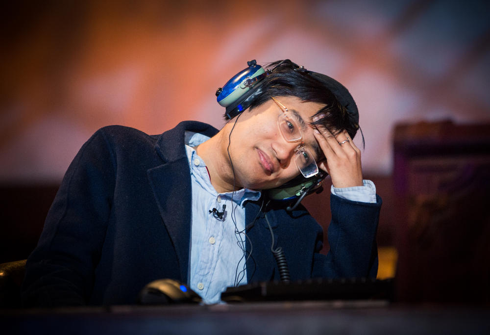Hearthstone player Jason Zhou looks on in disbelief as his board is cleared by Muzahidul "muzzy" Islam at the Championship Tour in Amsterdam.