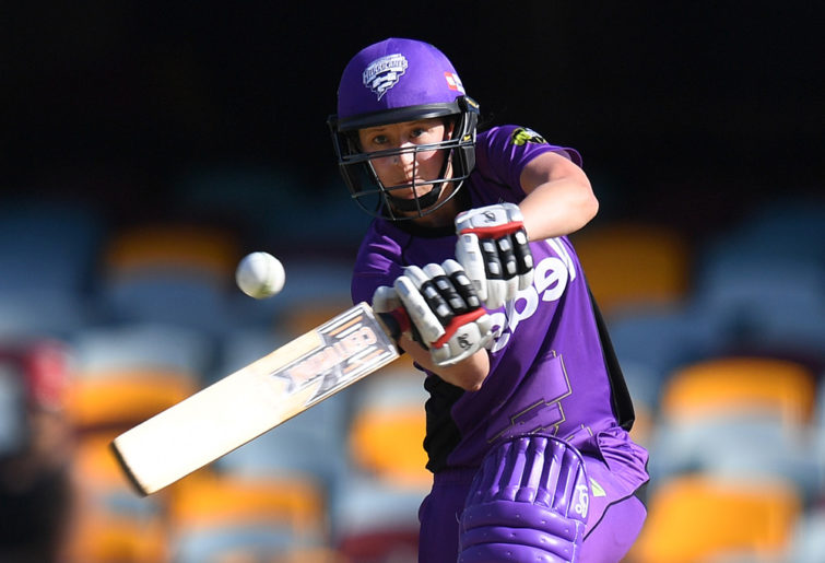 Hurricanes batter Emma Thompson plays a shot during the Women's Big Bash League (WBBL) T20 semi-final match between the Sydney Sixers and Hobart Hurricanes at the Gabba in Brisbane, Wednesday, Jan. 25, 2017. (AAP Image/Dave Hunt)