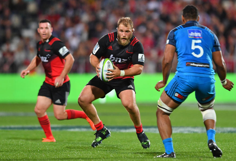 v Blues CHRISTCHURCH, NEW ZEALAND - MARCH 17: Owen Franks of the Crusaders charges forward during the round four Super Rugby match between the Crusaders and the Blues at AMI Stadium on March 17, 2017 in Christchurch, New Zealand.
