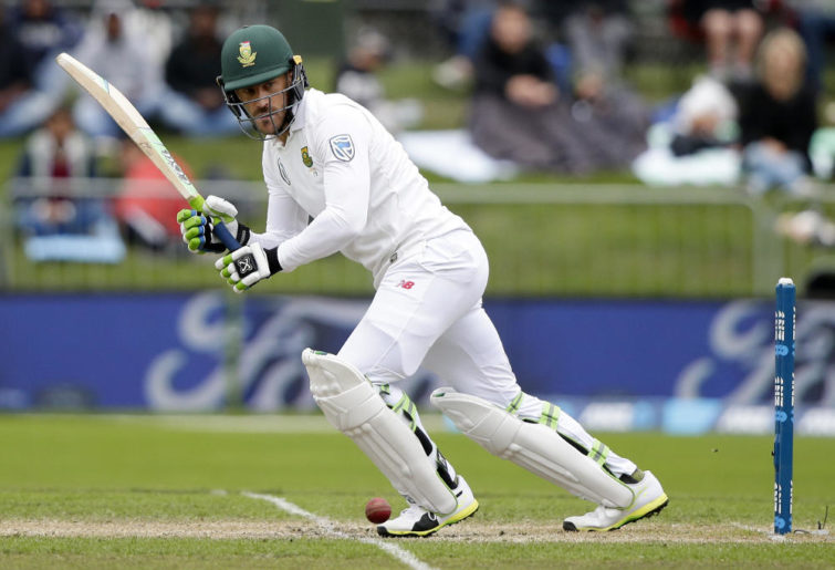 Faf Du Plessis plays a shot against New Zealand