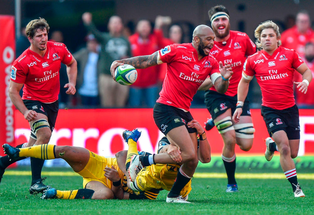 Lionel Mapoe of Lions in action during the Super Rugby, Semi Final match between Emirates Lions and Hurricanes at Emirates Airline Park on July 29, 2017 in Johannesburg, South Africa.