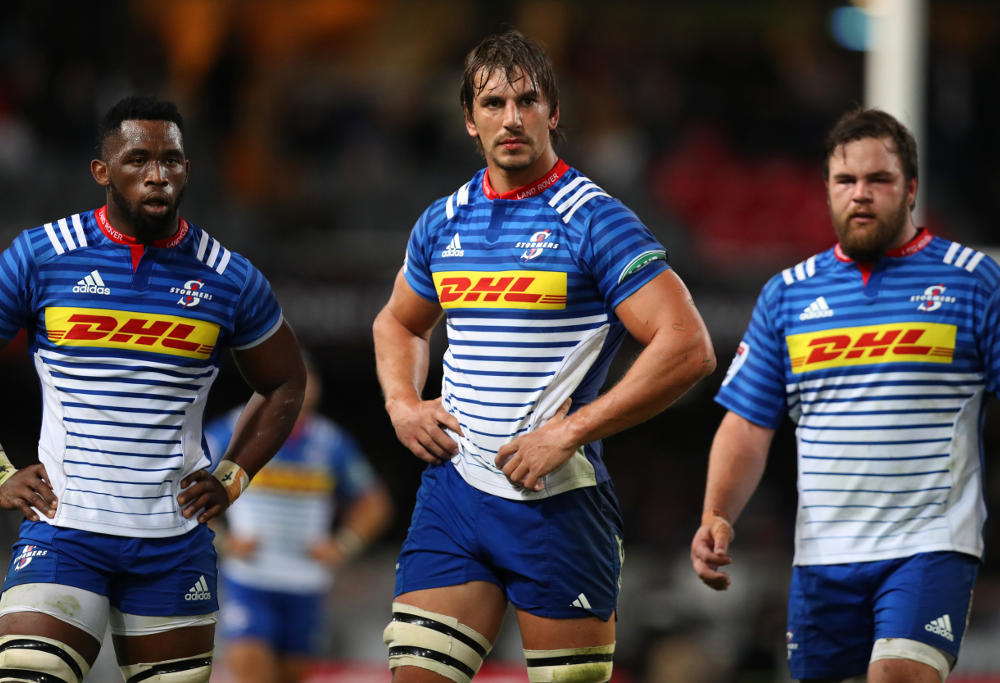 DURBAN, SOUTH AFRICA - MAY 27: Siya Kolisi (captain) of the DHL Stormers with Eben Etzebeth (vice-captain) of the DHL Stormers and Frans Malherbe of the DHL Stormers during the Super Rugby match between Cell C Sharks and DHL Stormers at Growthpoint Kings Park on May 27, 2017 in Durban, South Africa.