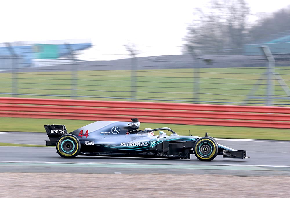 Lewis Hamilton drives the Mercedes W09 at a private filming day.