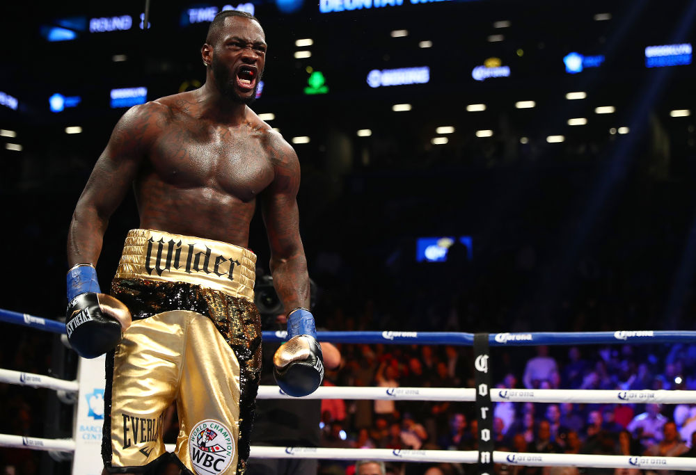 Deontay Wilder celebrates after knocking down Bermane Stiverne in the first round during their rematch for Wilder's WBC heavyweight title at the Barclays Center on November 4, 2017 in the Brooklyn Borough of New York City. (Photo by Al Bello/Getty Images)