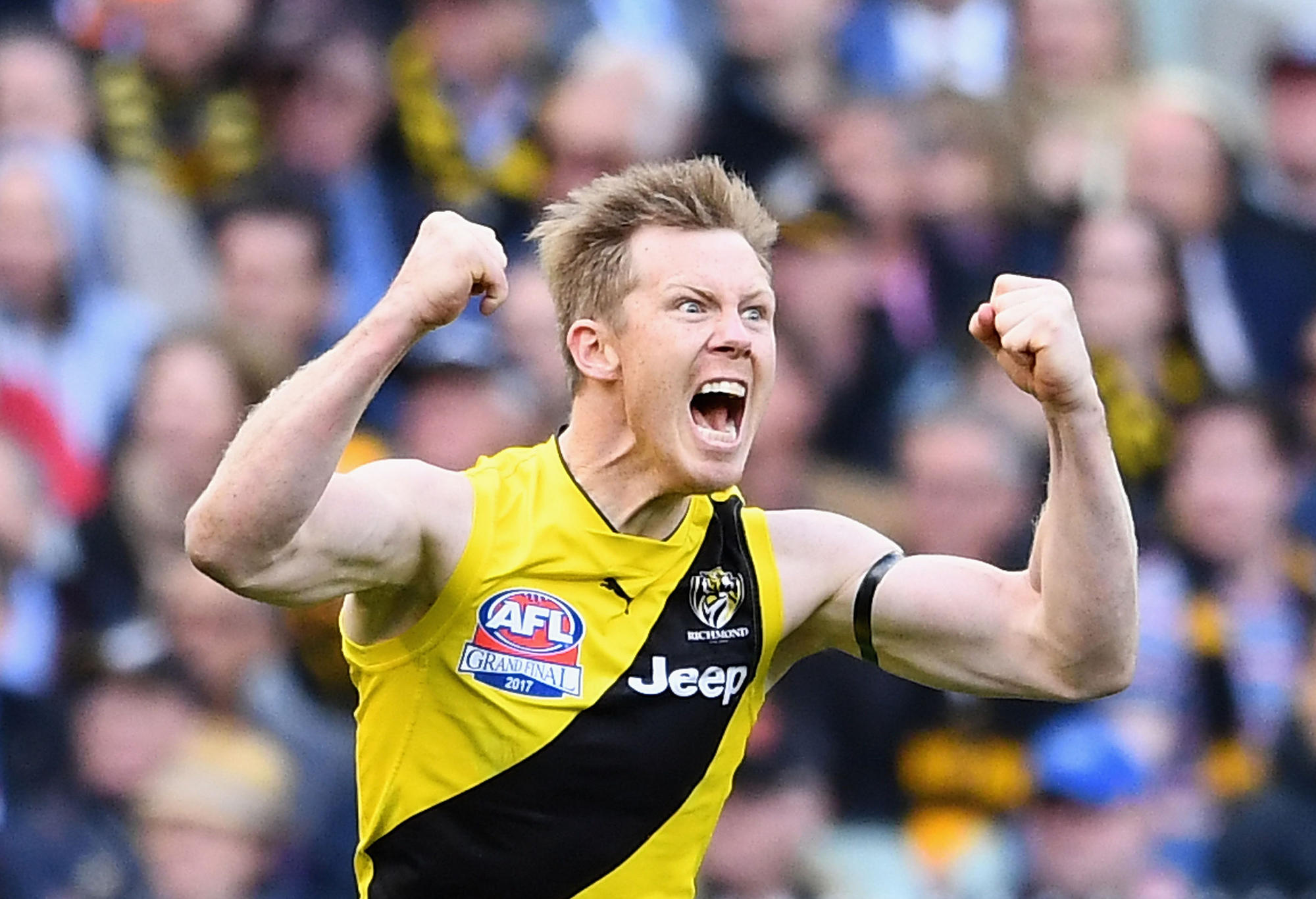 Jack Riewoldt of the Tigers celebrates kicking a goal during the 2017 AFL Grand Final match between the Adelaide Crows and the Richmond Tigers at Melbourne Cricket Ground on September 30, 2017 in Melbourne, Australia.
